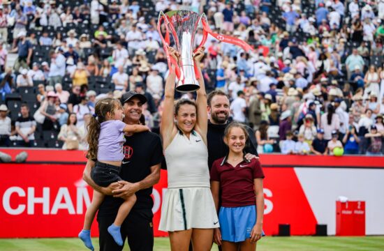 LONDON, UNITED KINGDOM June, 15: Tatjana Maria (GER) crowned Champion after winning the match at presentation with her family during WTA 500 Single Final Amanda Anisimova (USA) vs Tatjana Maria (GER) on Day 7 of the 2025 HSBC Championships at The Queen's